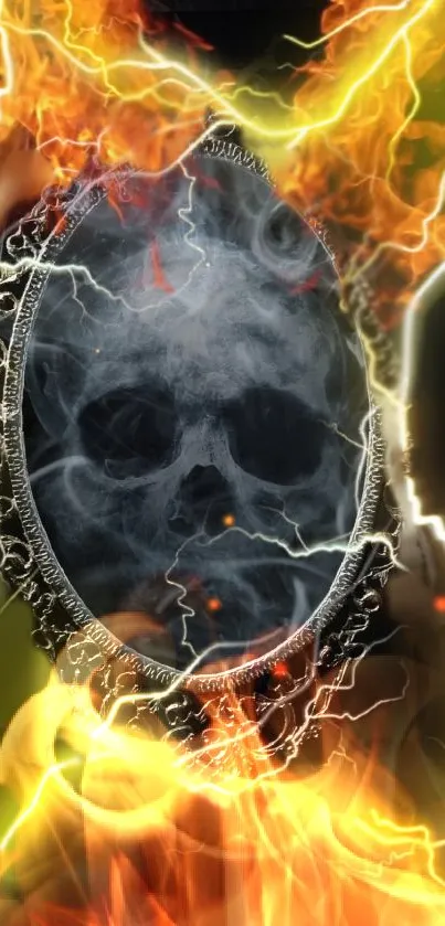 Fiery skull in a mirror with flames and lightning effects.