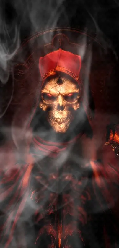 Skeletal figure in red cloak surrounded by smoke.