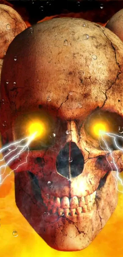 Fiery skull with glowing eyes and lightning mobile wallpaper.