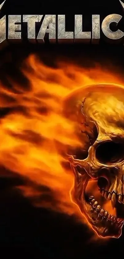 Mobile wallpaper featuring a fiery skull with a metal band logo.