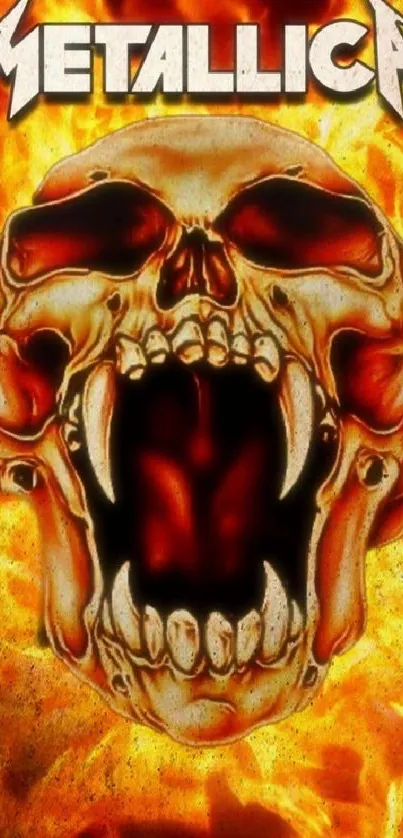 Fiery skull with band logo and flames background.