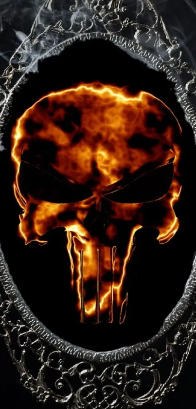 Fiery skull in a silver mirror frame with dark background.