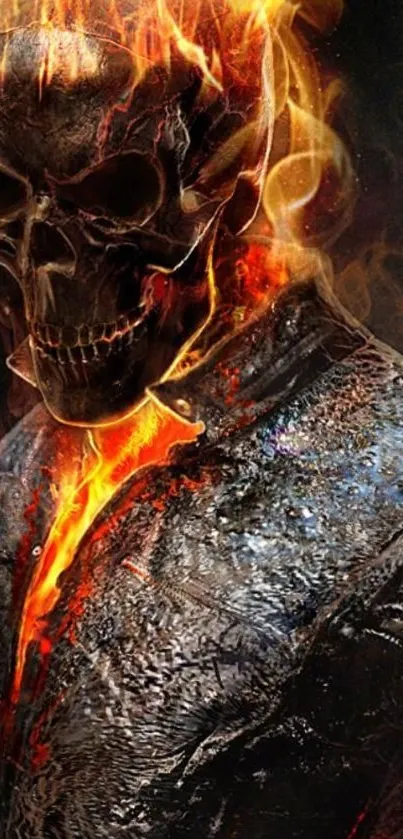 Fiery skull with flames mobile wallpaper, intense and dramatic.