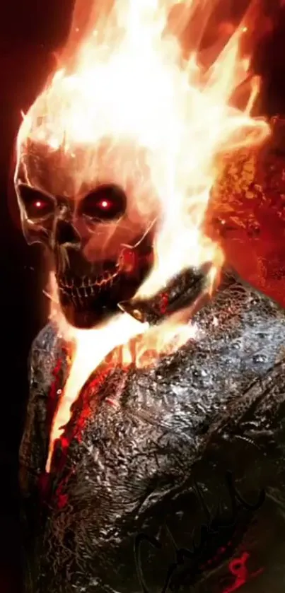 A fiery skull engulfed in flames on a dark background.