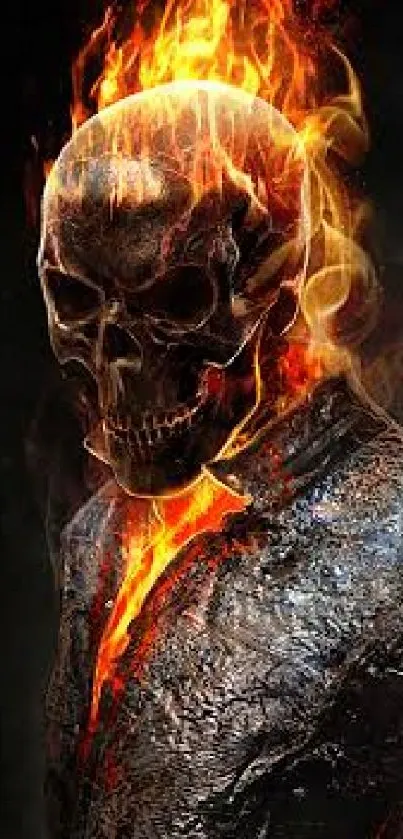 Fiery skull with flames on a mobile wallpaper background.