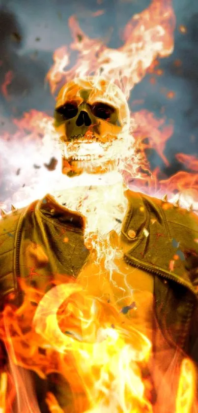 Fiery skeleton with skull engulfed in flames wearing a leather jacket.
