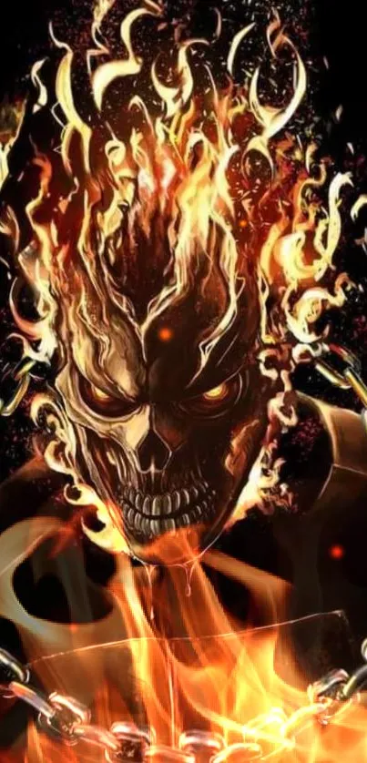 Fiery skull with flames and chains in a dark background.