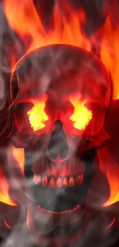 Fiery skull with blazing flames in a dark background, perfect for mobile wallpaper.