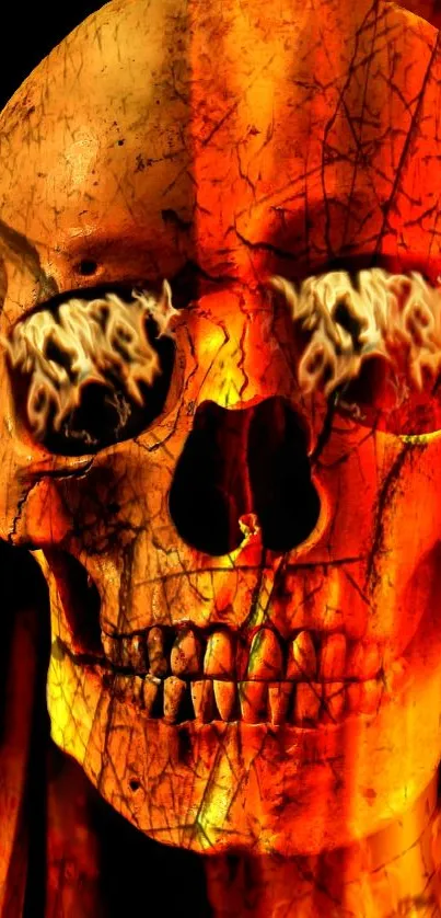 Fiery skull wallpaper with bright orange flames.
