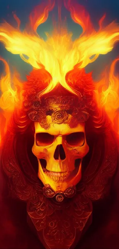 Fiery skull with flames in vivid colors, perfect for mobile wallpaper.