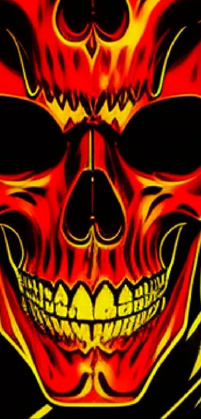 Vibrant red and yellow fiery skull design wallpaper.