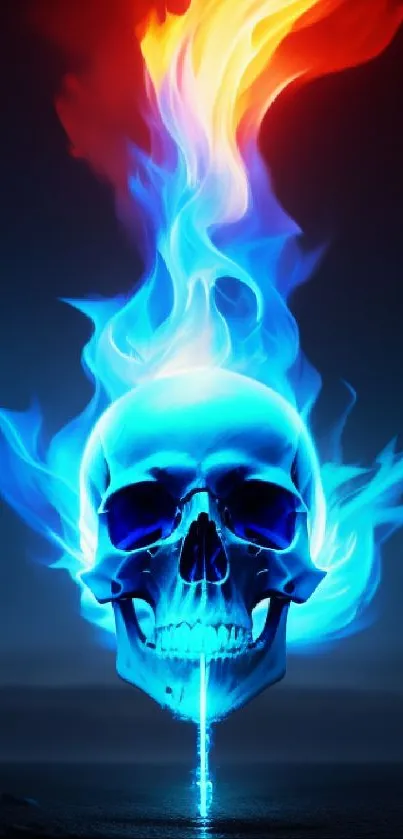 Blue fiery skull with orange flames on a mobile wallpaper.