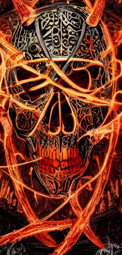 Fiery skull with orange-red flames on a dark background.