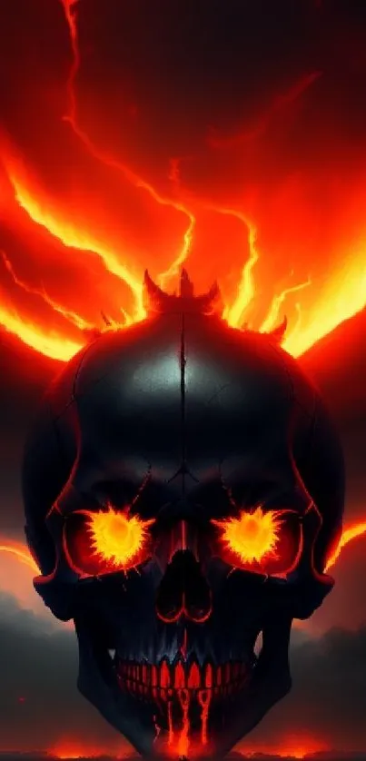 Fiery skull with flaming eyes on dark background, perfect for mobile wallpaper.