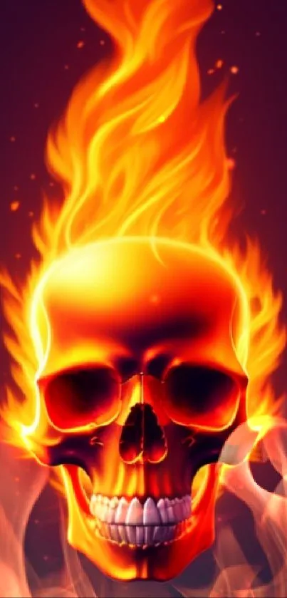 Fiery skull with blazing orange flames on a dark background, perfect for mobile.