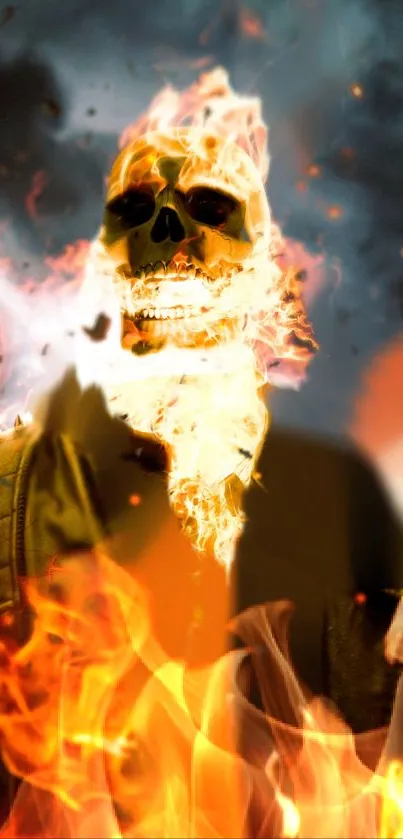 Fiery skull with flames engulfing the background, perfect for mobile wallpaper.
