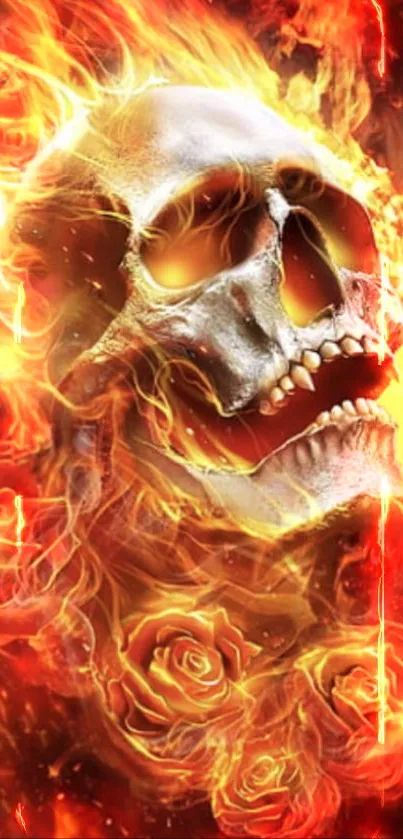 Fiery skull with vibrant flames and flowers on mobile wallpaper.