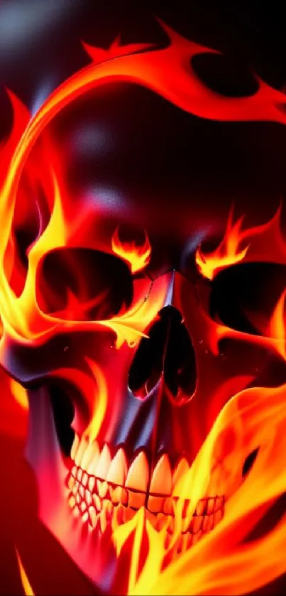 Fiery skull with vibrant flames on a dark background, perfect for mobile screens.