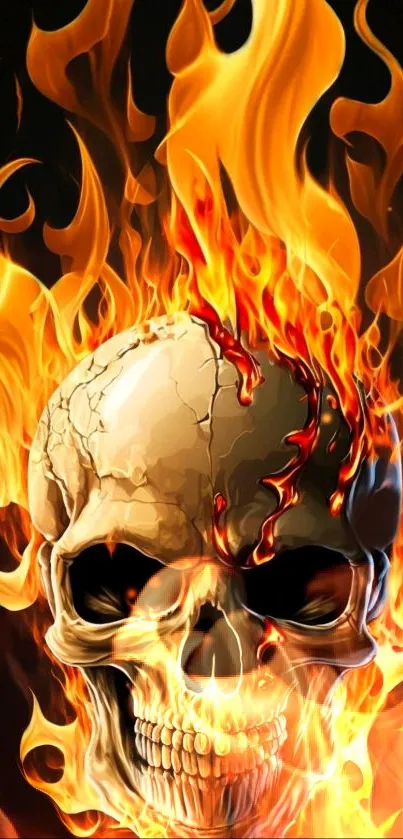 Fiery skull with flames mobile wallpaper for bold design.