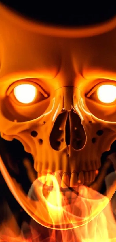 Fiery skull with glowing eyes and orange flames mobile wallpaper.