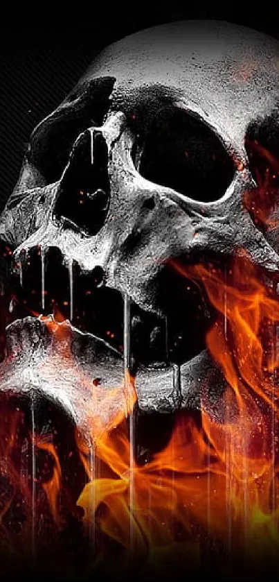 Fiery skull with dark background and vibrant flames, perfect for mobile wallpaper.