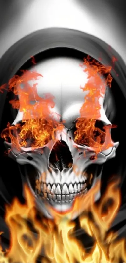 Fiery skull with flames, dark background, intense mobile wallpaper design.