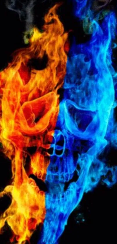 Fiery skull with blue and orange flames on black background.