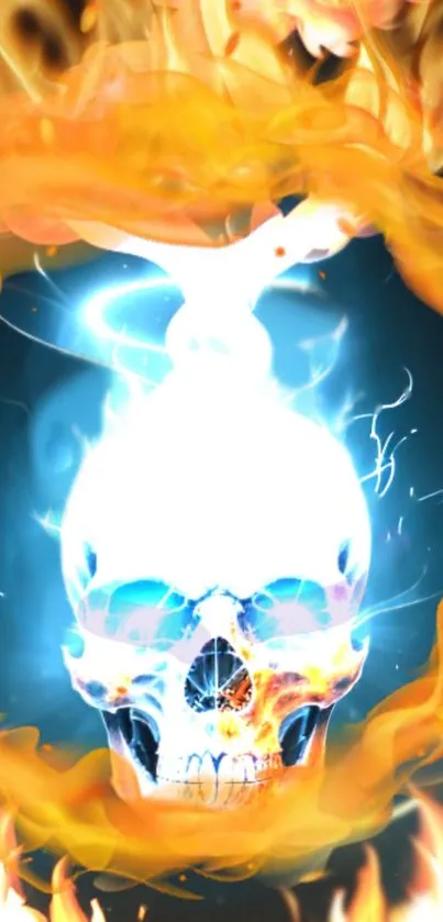 A glowing skull surrounded by orange flames and electric blue light.