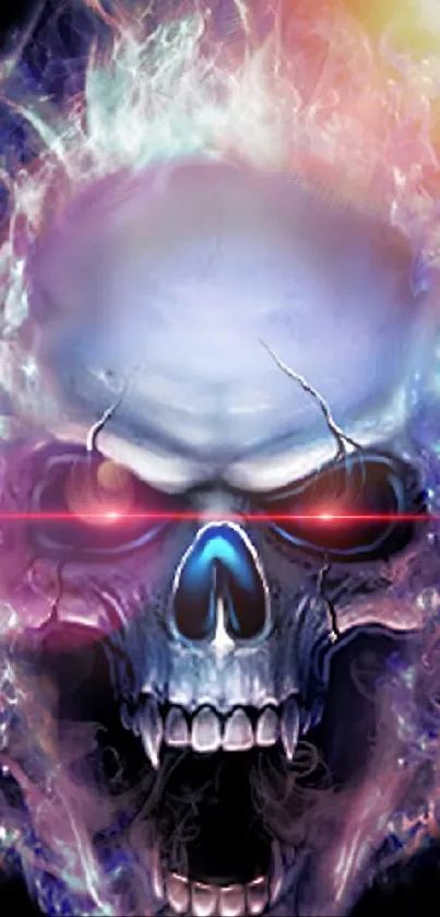 Fiery skull with colorful flames and mystical aura for mobile wallpaper.