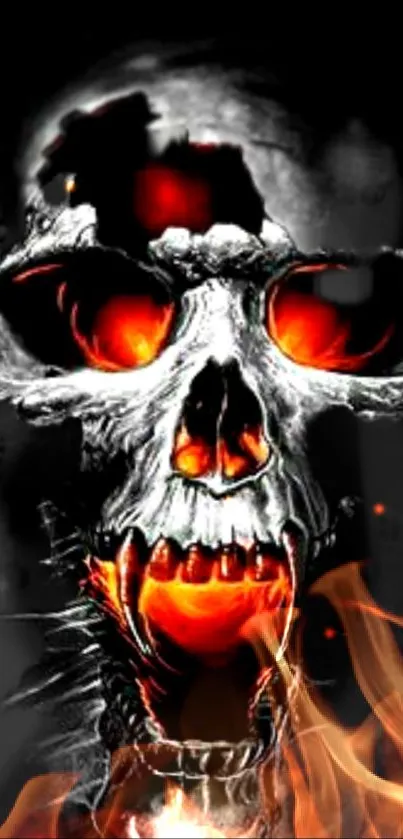 Fiery skull mobile wallpaper with intense orange flames.