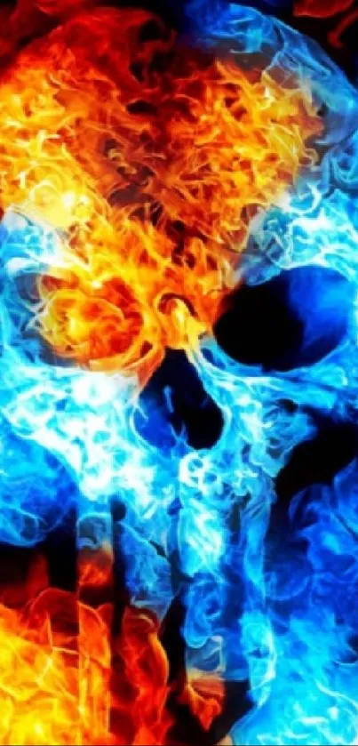 Vibrant mobile wallpaper featuring a fiery skull with blue and orange flames.