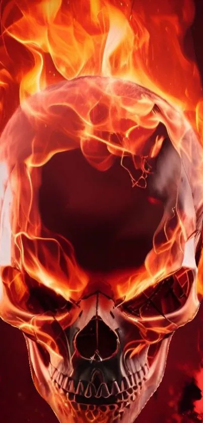Fiery skull with flames, dark and intense phone background.