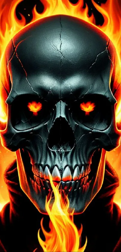 Fiery skull with blazing flames and dark shadows, perfect for mobile wallpaper.