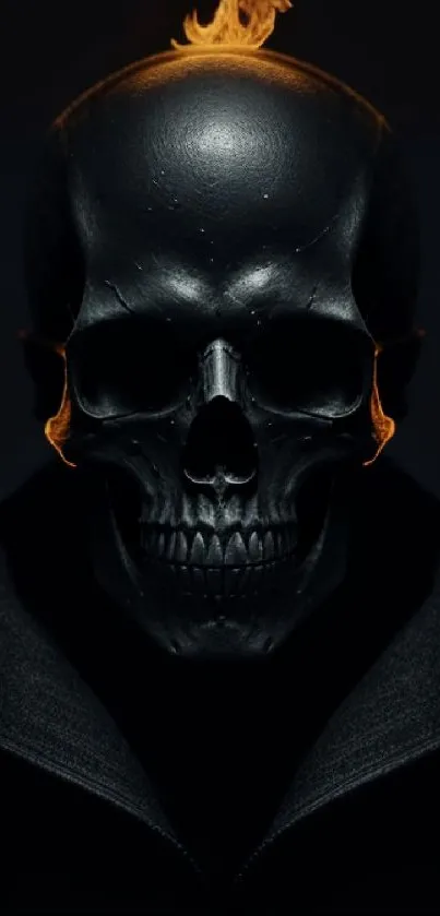 Dark skull with orange flames on top, creating an intense mobile wallpaper.