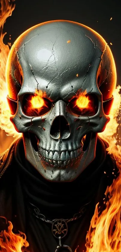 Fiery skull with glowing eyes and flames mobile wallpaper.