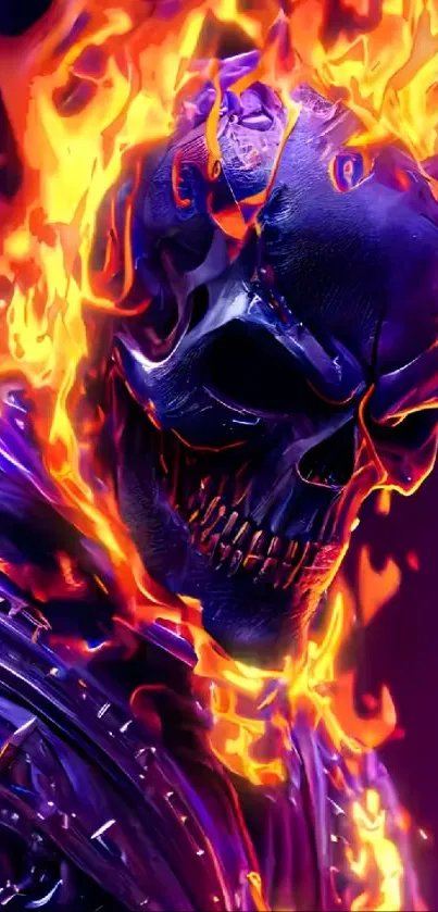 Fiery skull with vibrant orange flames and purple accents for mobile wallpaper.