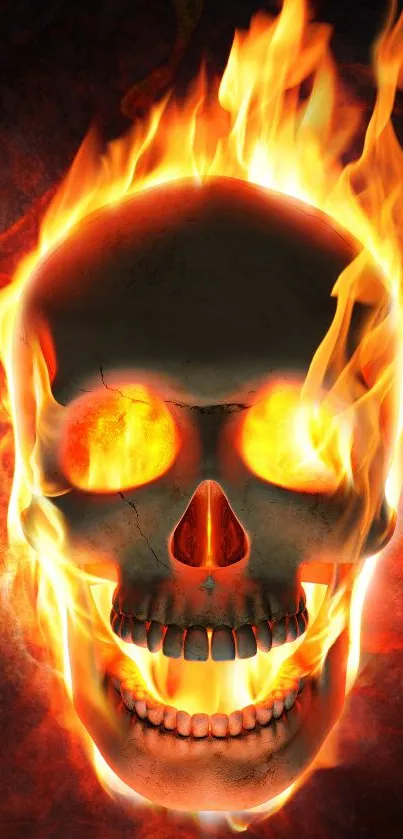 Fiery skull with flames on dark background wallpaper.