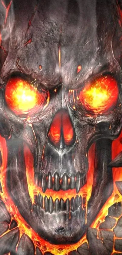 Fiery skull with glowing eyes on cracked stone background.