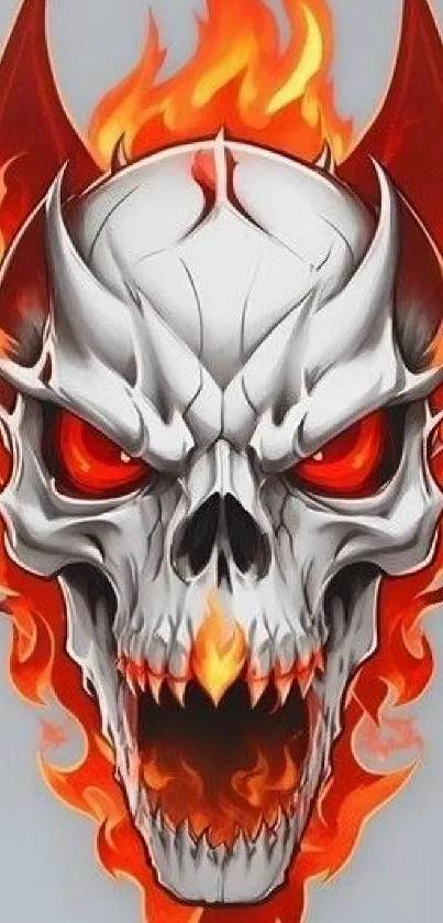 Fiery skull with devil horns and flames wallpaper.