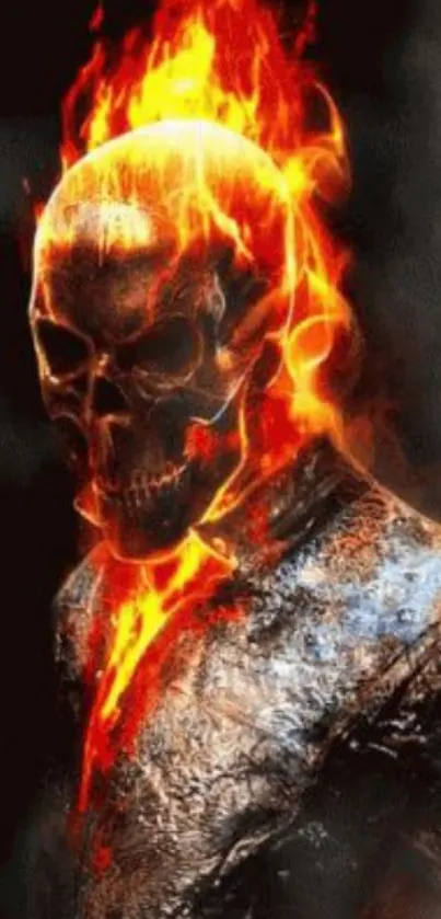 Fiery skull with vibrant flames in dark background wallpaper.