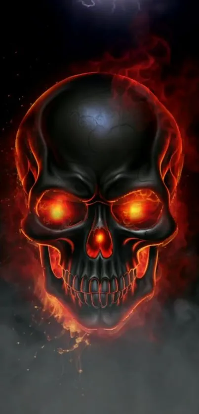 Fiery skull mobile wallpaper with glowing red eyes.