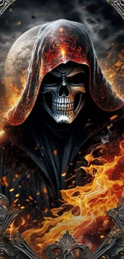 Hooded skull figure with flames mobile wallpaper.