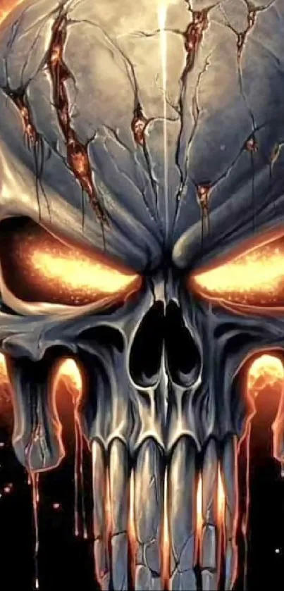 Fiery skull wallpaper with intense orange and black tones, perfect for mobile screens.