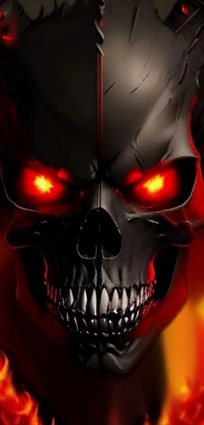 Fiery skull with glowing red eyes mobile wallpaper.