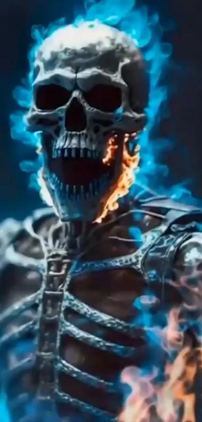 Fiery skeleton with blue and orange flames mobile wallpaper.