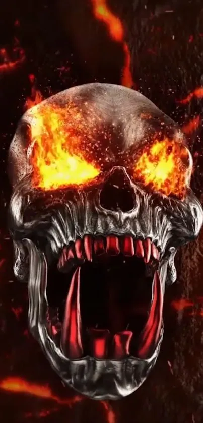 Fiery skull with blazing eyes and dark background.