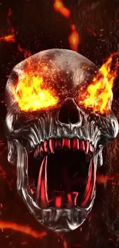 A fiery skull with glowing eyes on a dark background for mobile wallpaper.