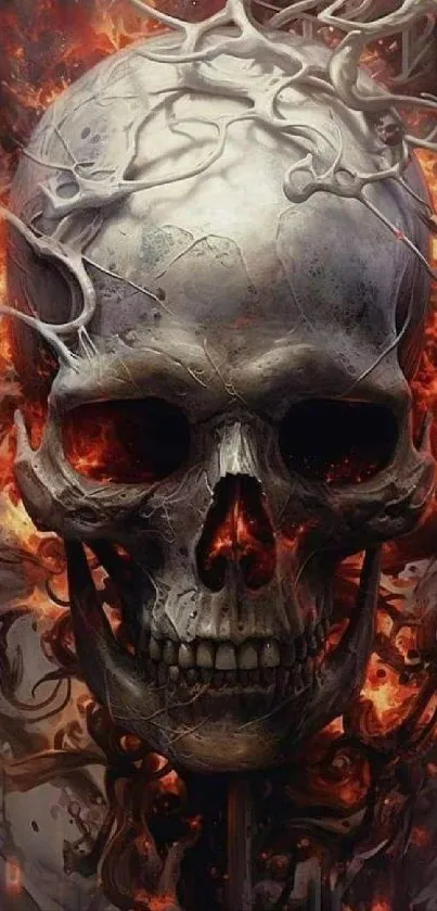 Fiery skull wallpaper with intricate detail and bold orange flames.