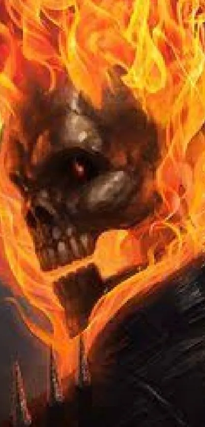 Fiery skull with intense orange flames on a dark background.