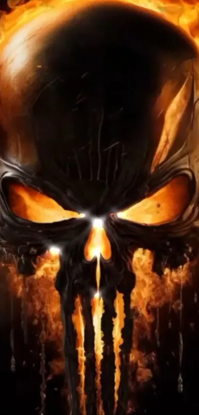 Fiery skull with dark background on mobile wallpaper.